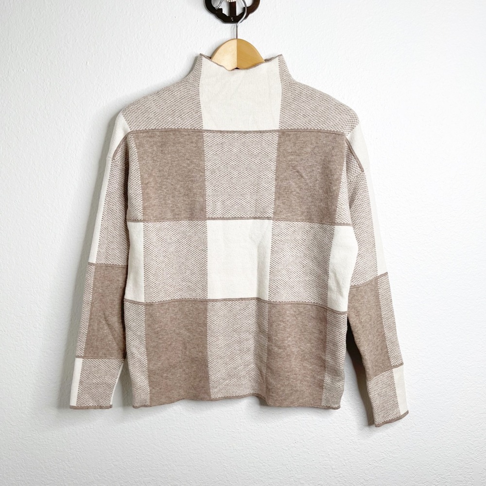 Tahari Womens Mock Neck Checkered Colorblock Knit Sweater Tan Cream Small